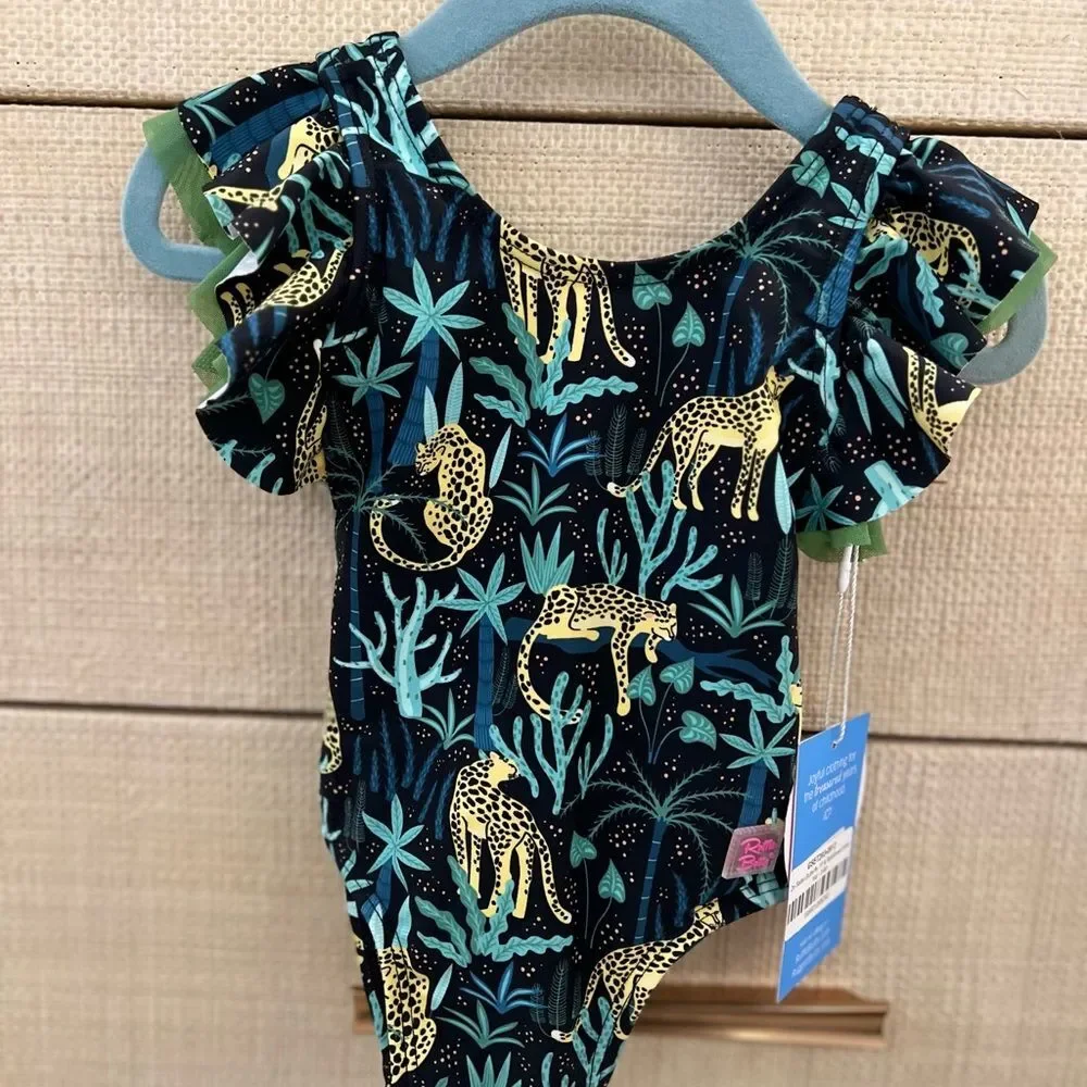NWT RuffleButts Butterfly Sleeves Jungle Safari Swimsuit 3-6 months